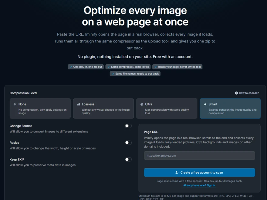 The Iminify page scanner, which collects every image a web page loads